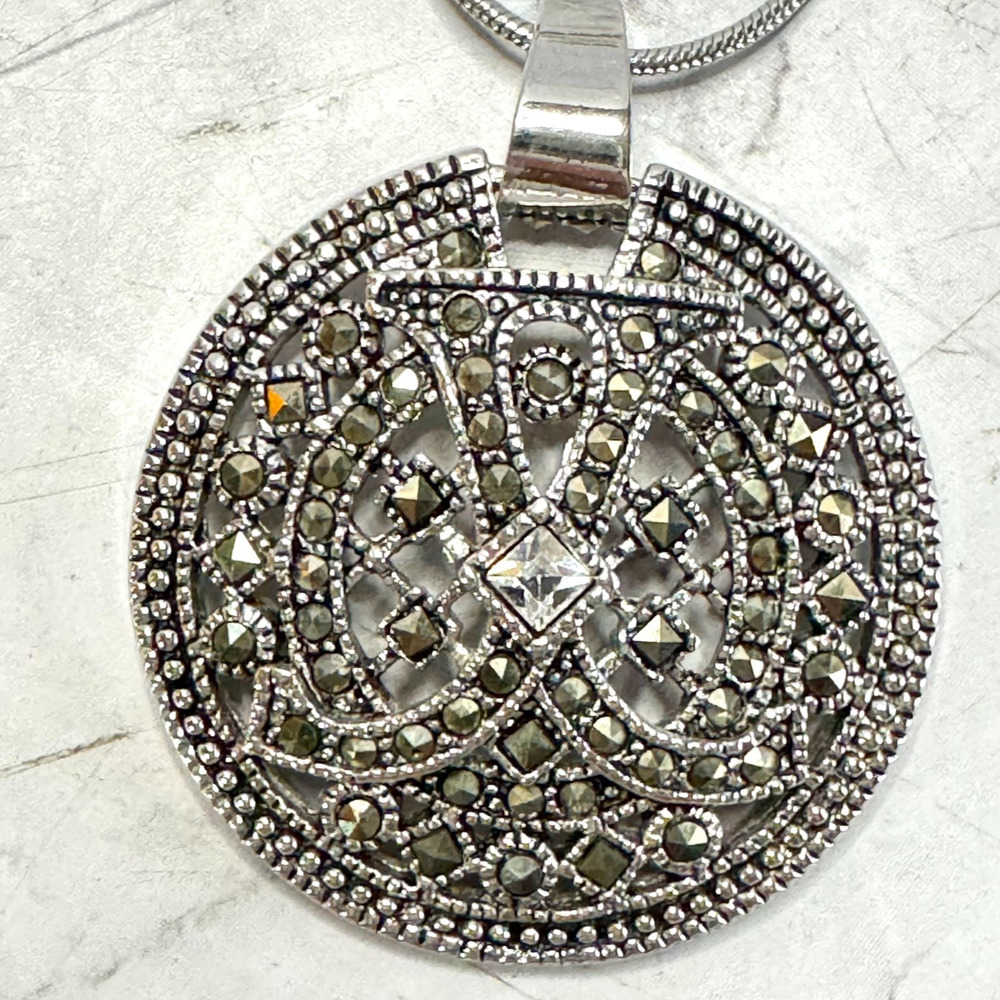 Art Deco Medallion Necklace Marcasite Filigree Silver Plated 16" Chain Unsigned